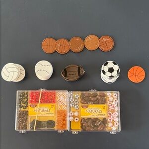 Sports Themed Craft Beads Sets, wooden basketballs and sports stickers
